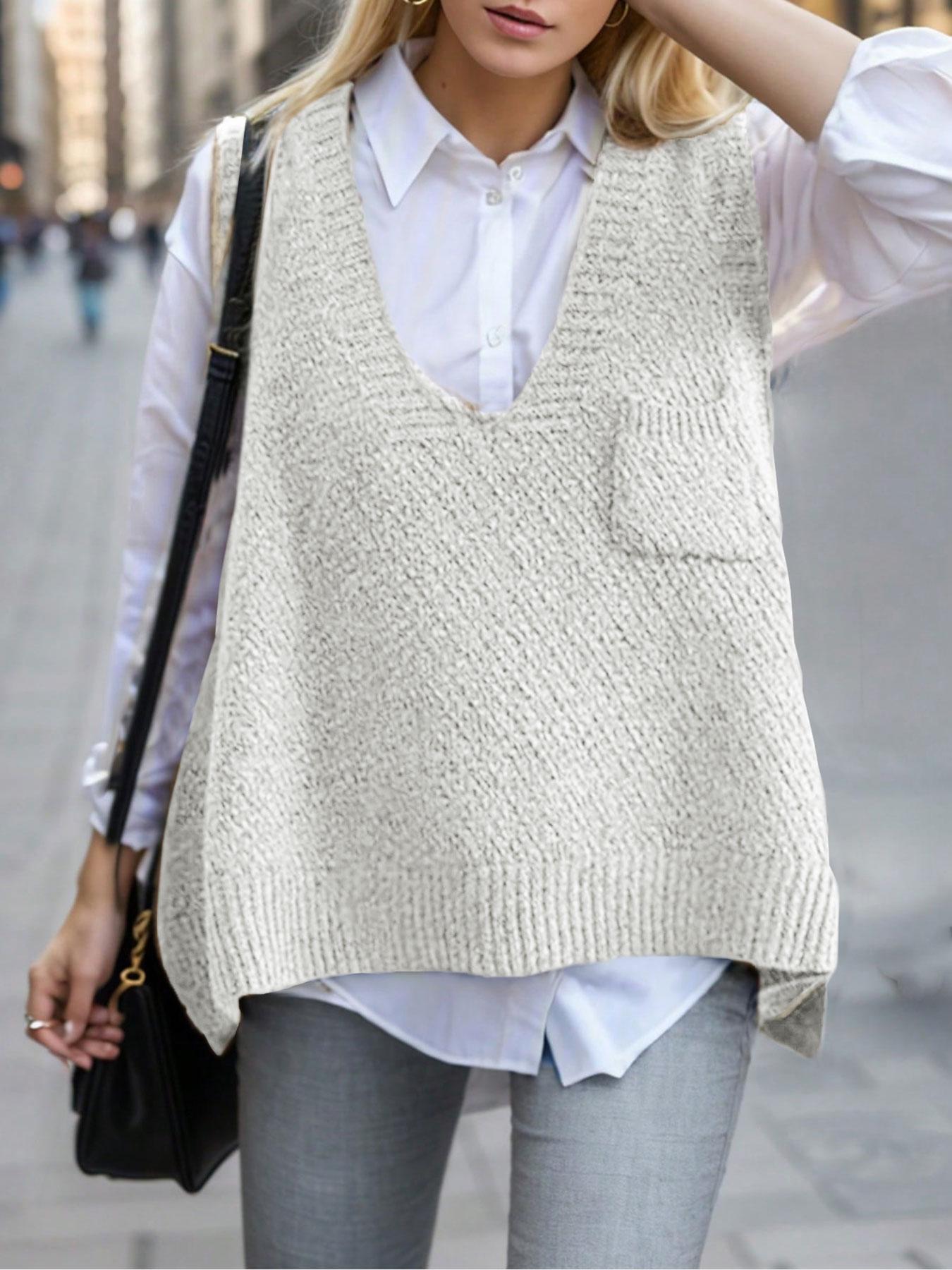 Women's Solid Pocket High Low Hem V Neck Sweater Vest, Casual Sleeveless Jumper Vest for Daily Wear, Ladies Knitwear for All Seasons, Chic Elegant Vest