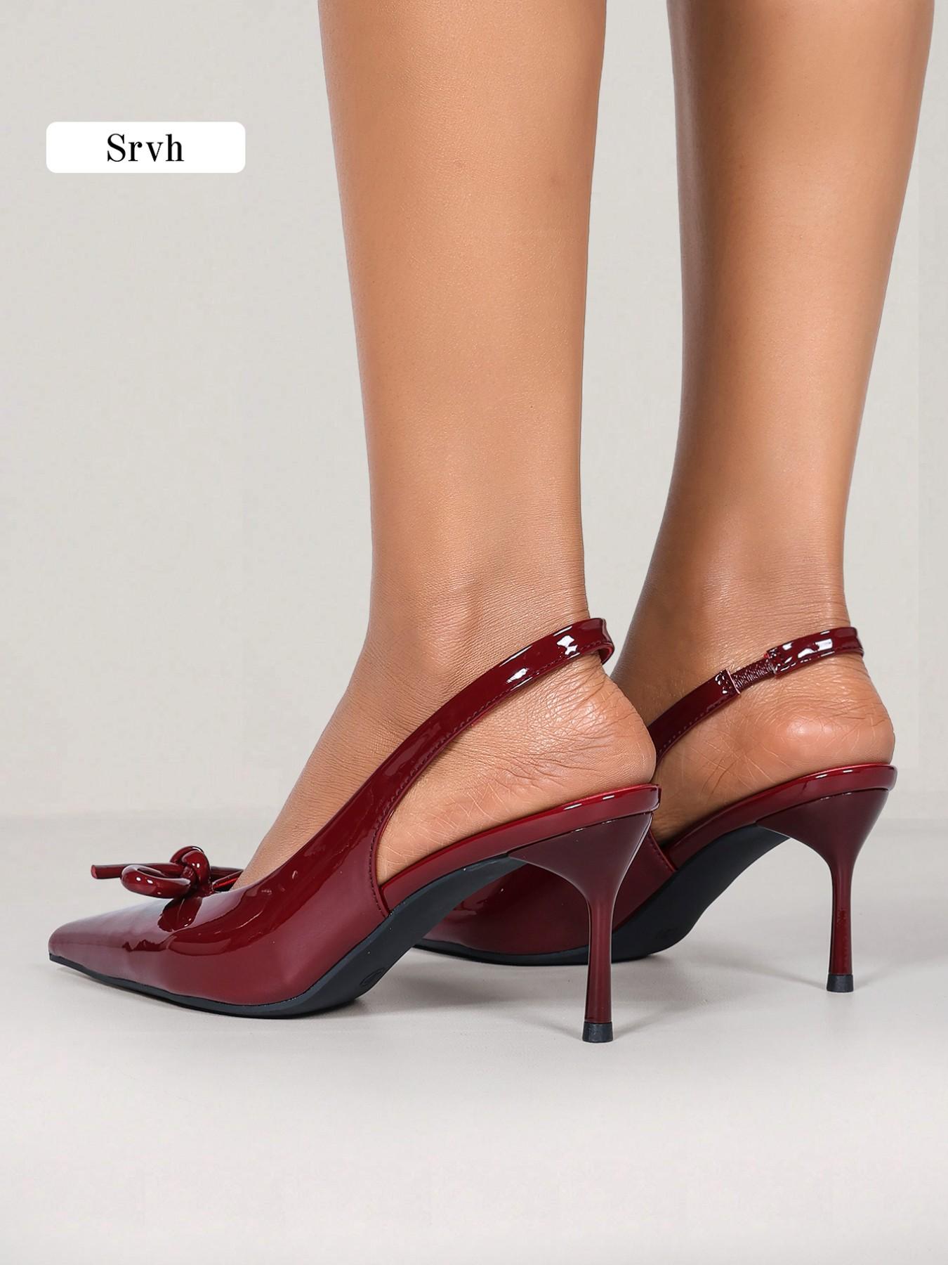 Women's Bow Pointed Toe Slingback Pumps, Glossy Patent Leather Stiletto Heels, French Vintage Day-to-Night Dress Shoes for Work, Valentine's Day, Dates, Parties & Proms