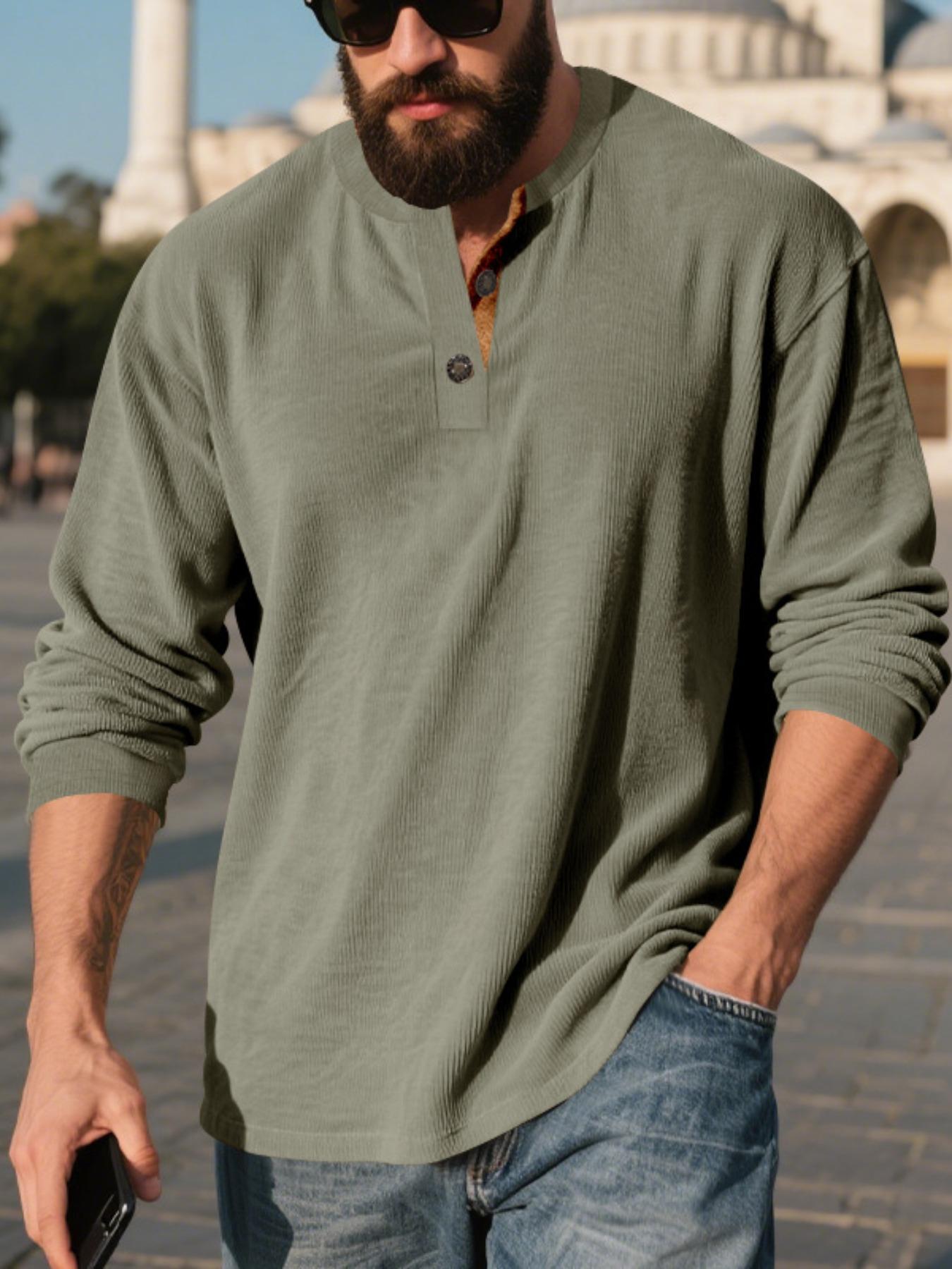 Men's Vertical Striped Textured Long Sleeves with A Contrasting Placket,solid Color Vertical Striped Texture,can Be Worn Alone and Layered,suitable for Casual Light Business and Other Scenarios, Classic, Menswear