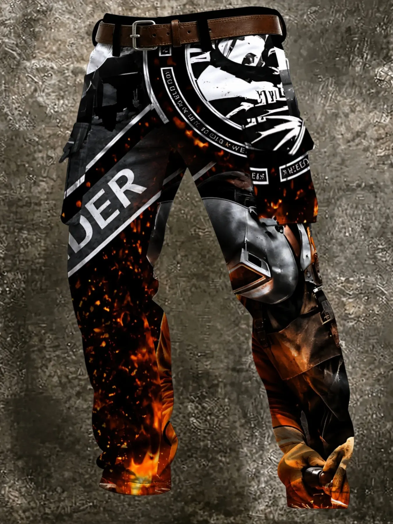 Mechanical Hardened Flame Functional Work Pants, Full Body Armor, Burning Flames, American Bold Letter Print, Large Side Pockets, Motorcycle