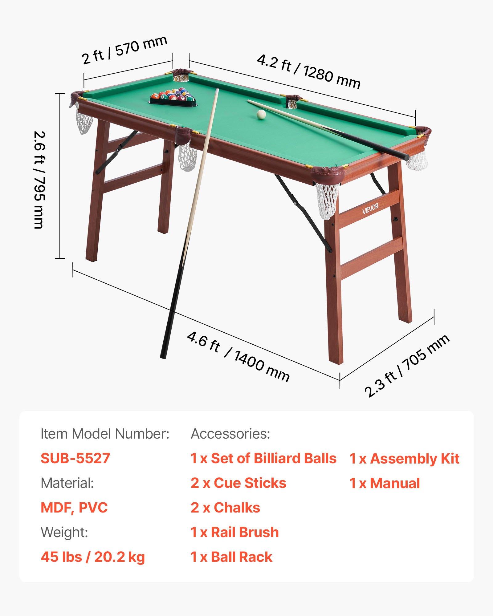 fathersdaygift VEVOR Folding Pool Table, 4.5 ft Portable Billiards Tables, Foldable Space-Saving Entertainment Game Set Includes Ball, Cue, Rack, Chalk, Brush, Brown with Bule Cloth, for Family Use, Recreation Room