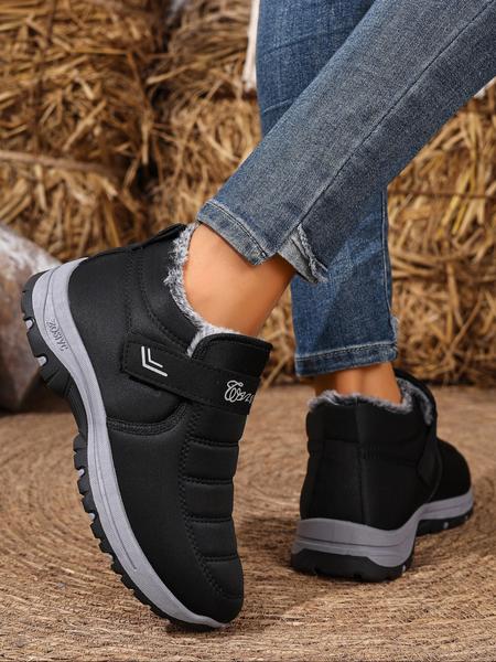 Couple Plush Lined Ankle Boots, Fluffy Snow Boots, Slip-On Soft Sole Anti-Slip Snow Boots, Velcro Easy Open Warm Winter Flat Shoes, Travel Outdoor Activities