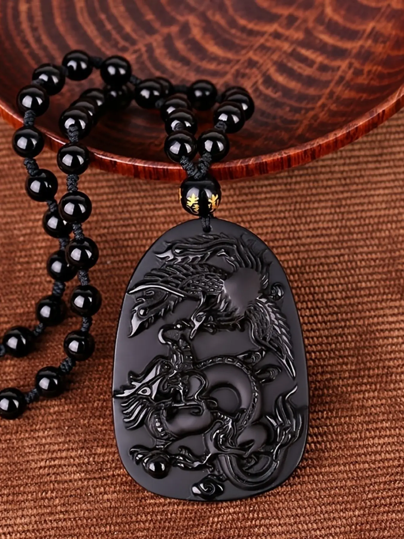 Natural Obsidian Dragon Phoenix Pendant Necklace, Unisex Lucky Charm Sweater Chain Jewelry, Traditional Feng Shui Accessory