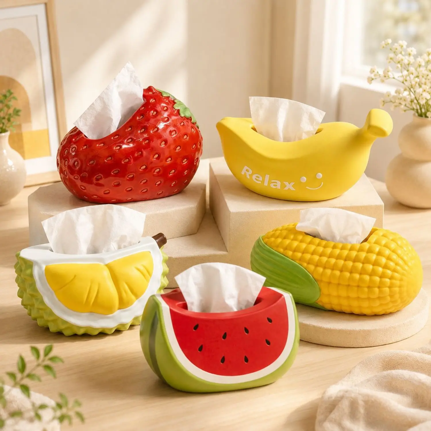 Cute Fruit Shaped Ceramic Tissue Box Holder Creative Decorative Napkin Dispenser Multi‑Style Fruit Design Tabletop Tissue Container for Living Room Home Desktop Decor