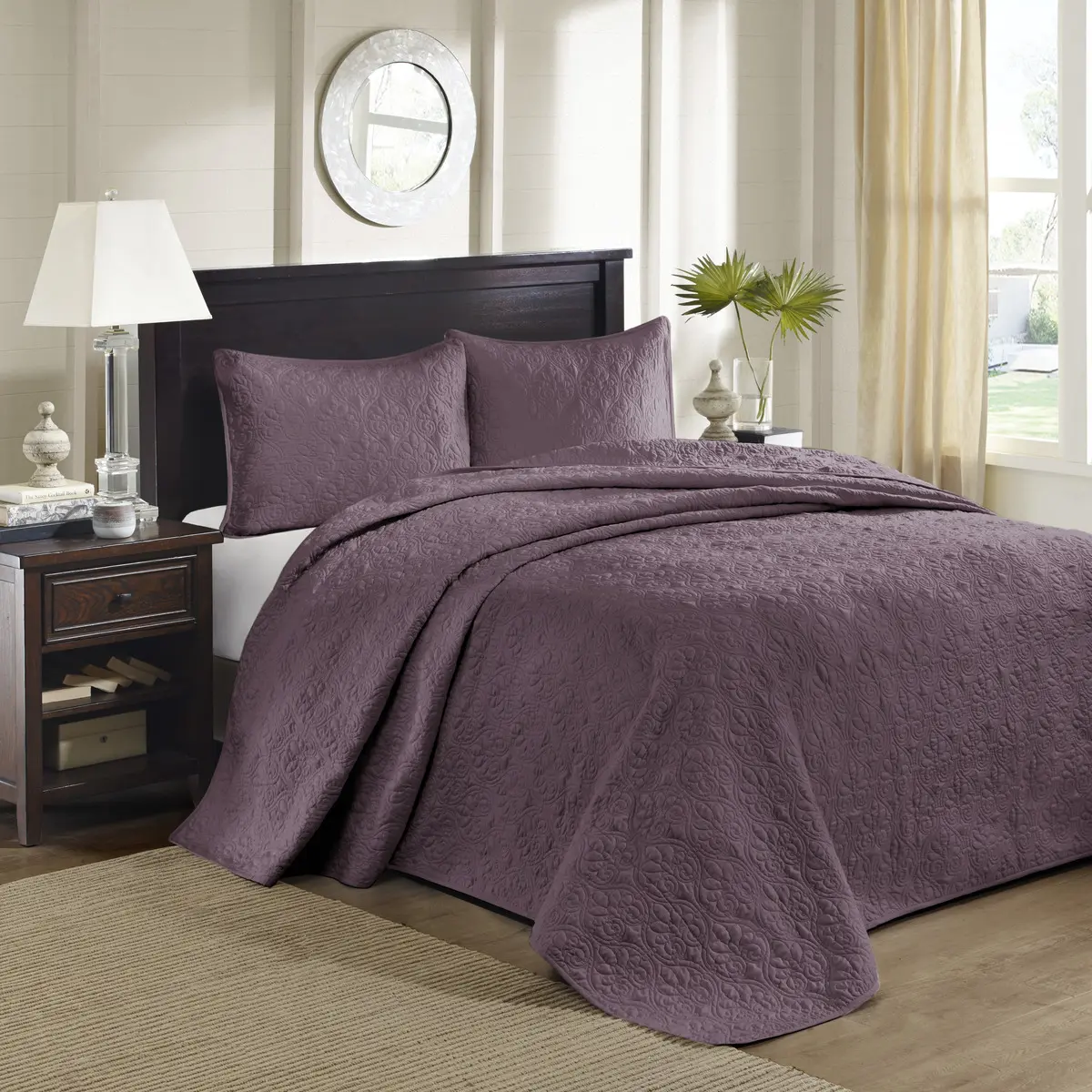 Nokaa Reversible Bedspread Set Queen Size Purple Cotton Quilted Coverlet Lightweight Bedding for All-Season Use, Soft Breathable Decorative Bedspread for Master Bedroom Guest Room, 3-Piece Set (1 Sham for Twin)