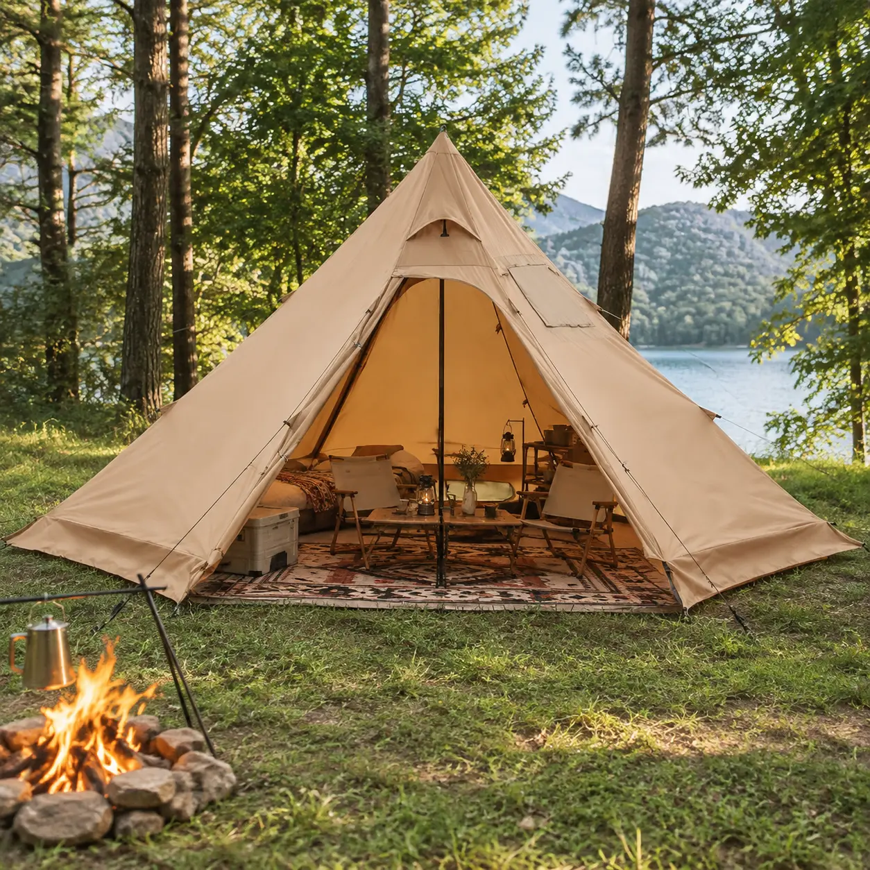Hot Tent for 4 Persons, Portable Winter Tipi Tent with Stove Jack, Waterproof Canvas Camping Tents, Lightweight 4 Season Shelter Tents for Hiking Fishing Backpacking