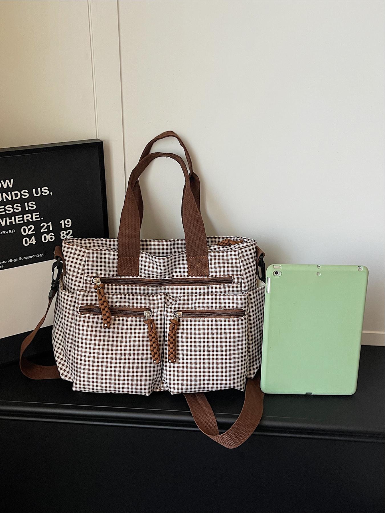 Large capacity plaid multi pocket tote bag, retro street style drawstring design, single shoulder bag, workwear style crossbody bag, adjustable shoulder strap, daily leisure, work, commuting, armpit bag