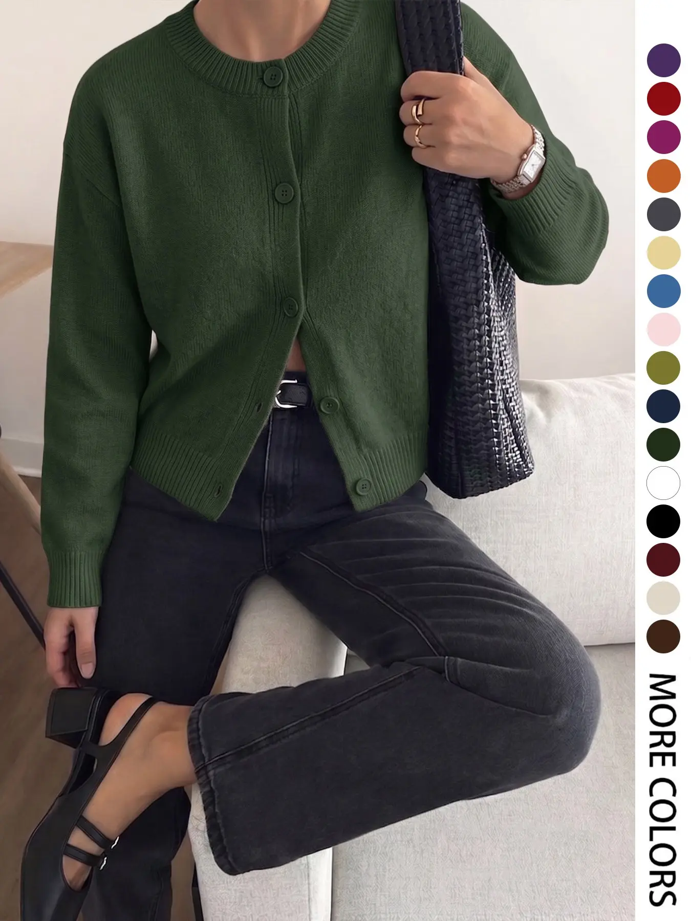 Elegant Women's Fall Winter Fashion Casual Home Office Commute Basic Simple Loose Solid Knit Button Front Shirt Round Neck Long Sleeve Knitwear Sweater Coat Top