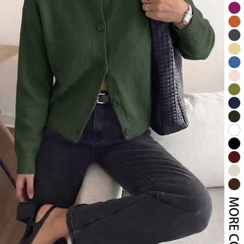Elegant Women's Fall Winter Fashion Casual Home Office Commute Basic Simple Loose Solid Knit Button Front Shirt Round Neck Long Sleeve Knitwear Sweater Coat Top