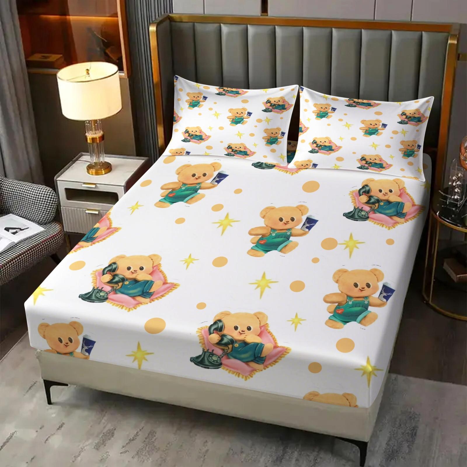 3 Pcs Cute Cartoon Bear Fitted Sheet Set, Kawaii Teddy Bear Microfiber Deep Pocket Kids Bedding, Ideal Gift for Bear Lovers and Children