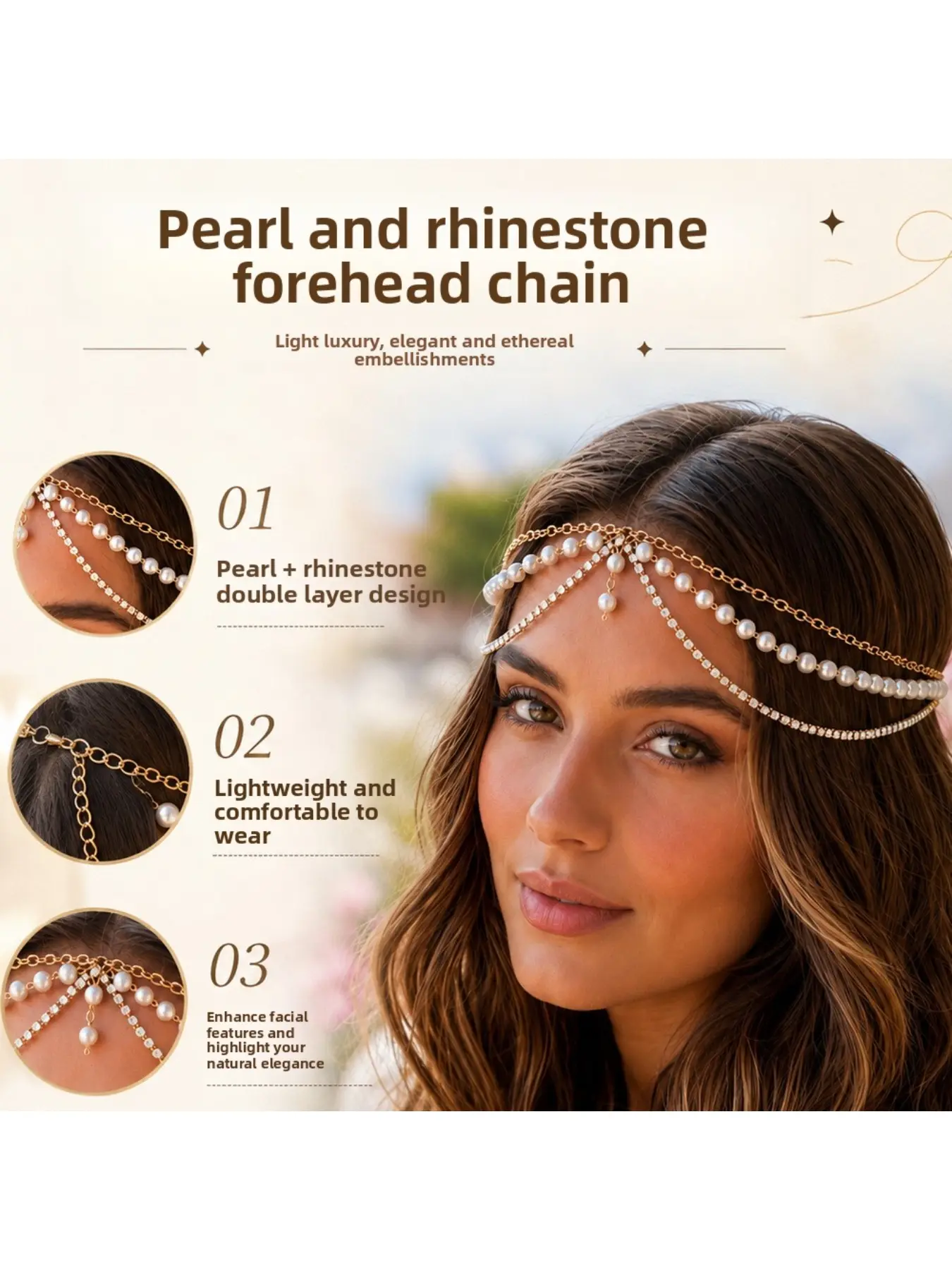 Vintage pearl forehead chain bohemian ethnic style multi-layer hair chain bridal wedding party headpiece
