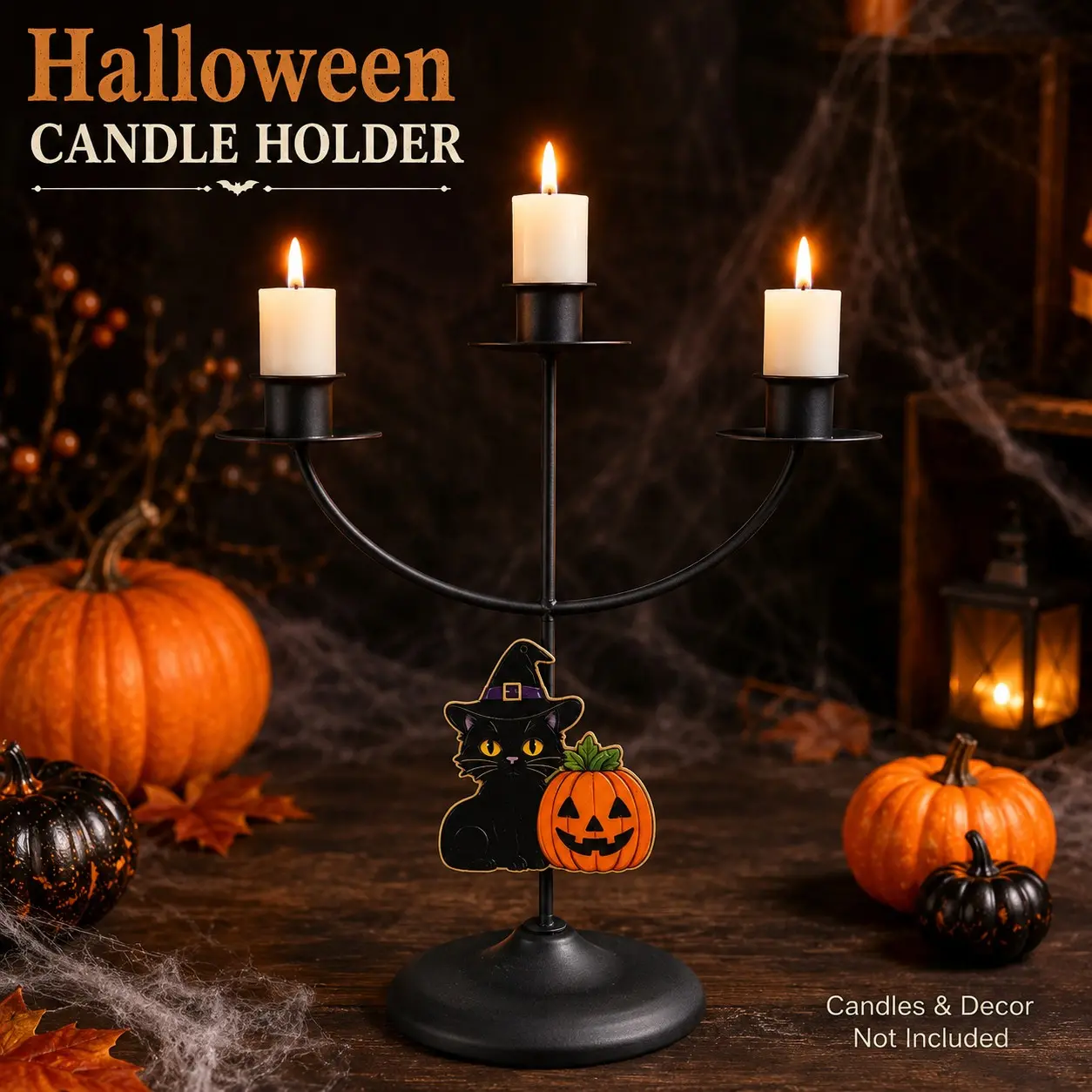 1 Pc Vintage Gothic Halloween Black Iron Three Arm Candle Holder Witch Hat Black Cat Pumpkin Design for Home Table Fireplace Entryway Living Room Party Decor Stable Round Base Spooky Holiday Accent Fits Pillar Candles