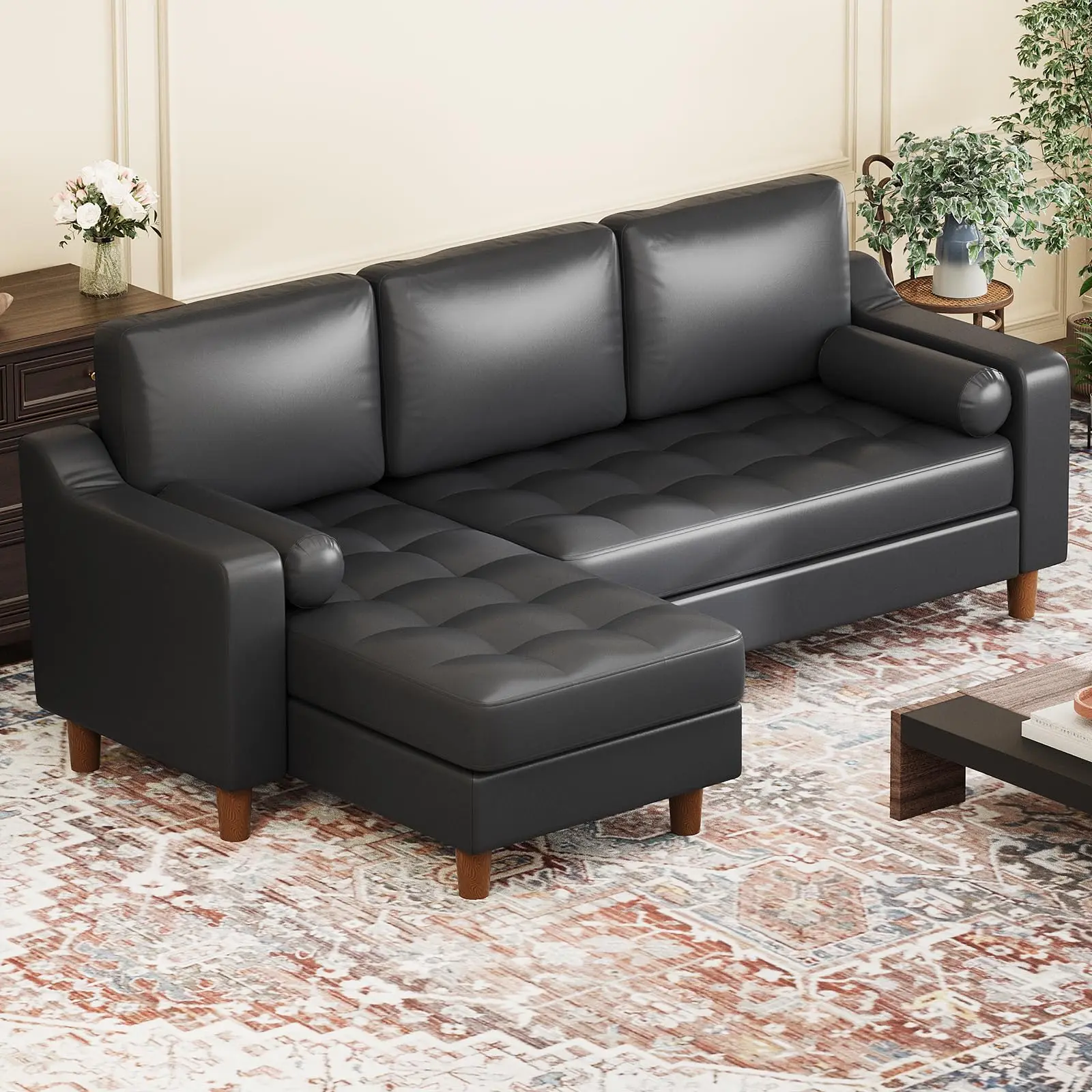 Garvee 88.9" L-Shape Couch with Convertible Chaise, Sectional Sofa with Deep Seat, Modern Mid-Century Leather Sofa for Living Room, 3 Seat Comfy Leather Couch, Black