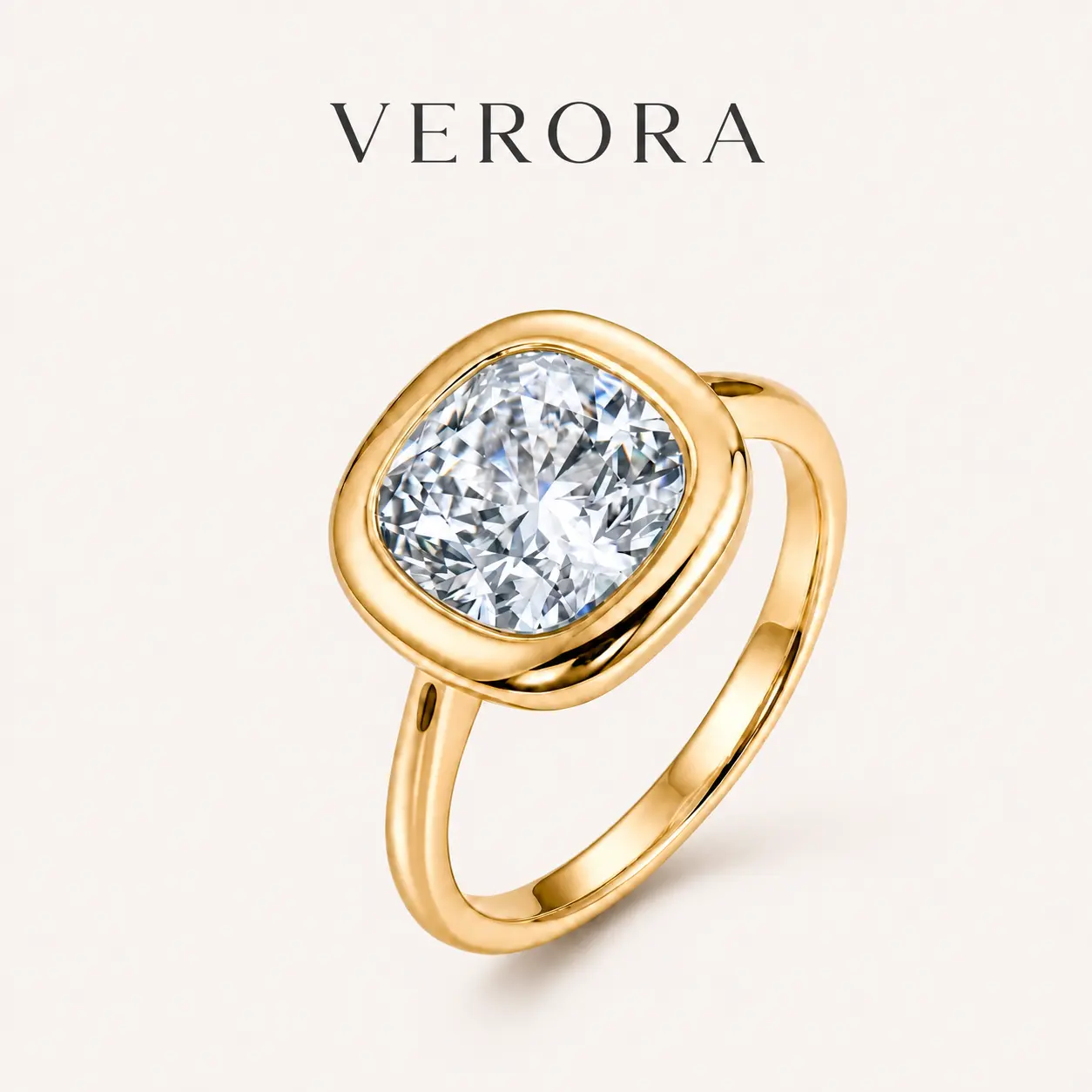 Women's 4ct Naked Gold Cushion Cut Gemstone Bezel Ring - Casual, Waterproof, Hypoallergenic, Snag-Free, Minimalist Artificial Gemstone Ring for Adults' Daily Wear, Gold Non Tarnish, US 10