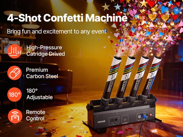 Electric Confetti Cannon Machine, High Output 4-Shot Confetti Launcher, DMX512, Manual Remote Control, Portable Confe-tti Shooter for Wedding Christmas DJ Party Event Show Stage Nightclub