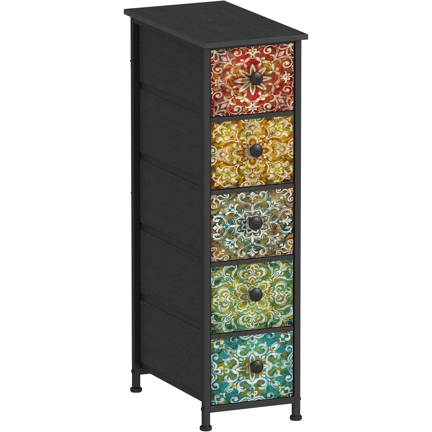 GiftGo Retro Skinny Dresser with Fabric Drawers Thin Slim Boho Mandala Flower Chest of Drawers Narrow Storage Tower for Small Spaces Gaps Bedroom Beautiful Nightstand Living Room Table