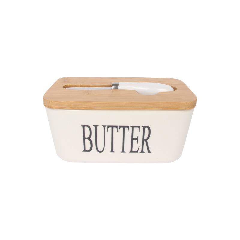 Ceramic Butter Dish with Knife, Rectangular Cheese Container with Wooden Lid, Ceramic Butter Box for Kitchen Use