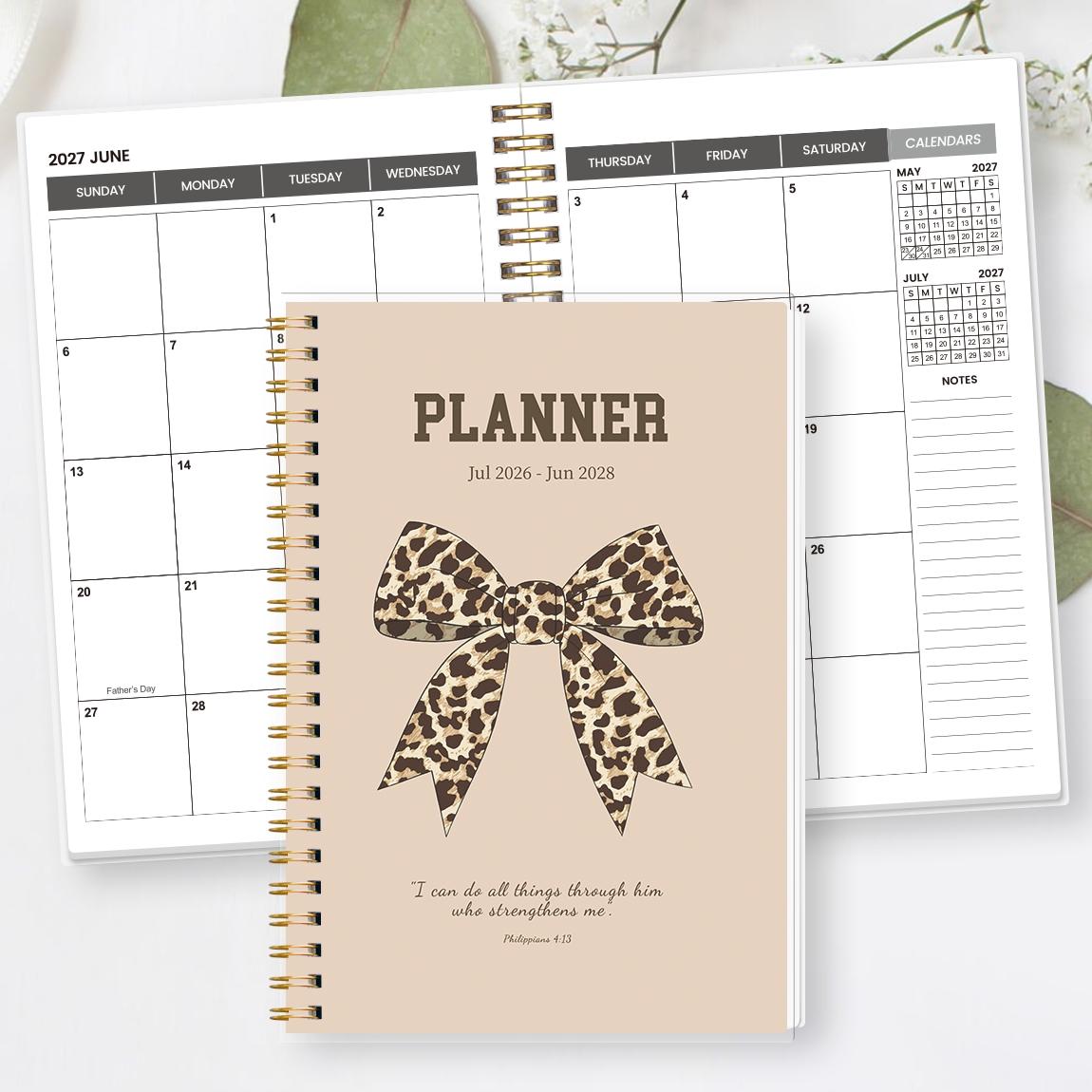A5 Size Planner Notebook, Spiral Binding, Spiral Bound Planner, Leopard Print Bow Cover, Calendar & Memo Management, Ideal for Study Office Daily Planning