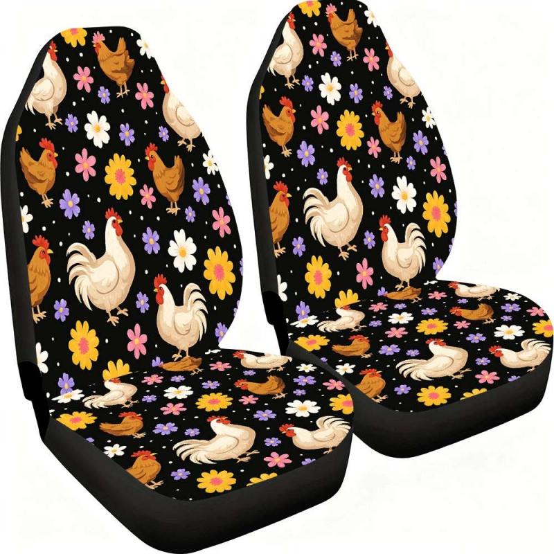Two-piece colorful little chicken flower car seat covers, suitable for the front seats, with a high backrest design, high-quality fabric, compatible with sedans, SUVs and trucks, women's car accessories, Christmas Eve horror.