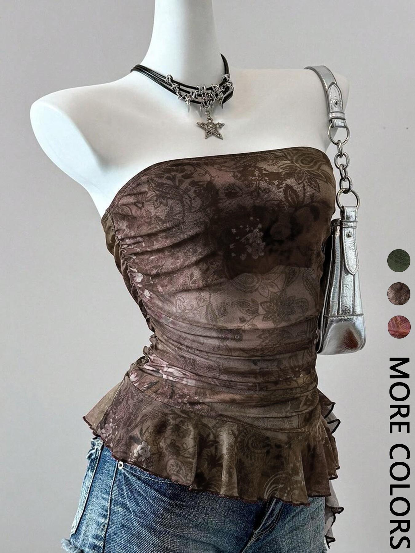 This Sheer Floral Tube Top is Grunge Fairy Y2K Vibes 🦋 | Ruched Ruffle Hem Mesh Top