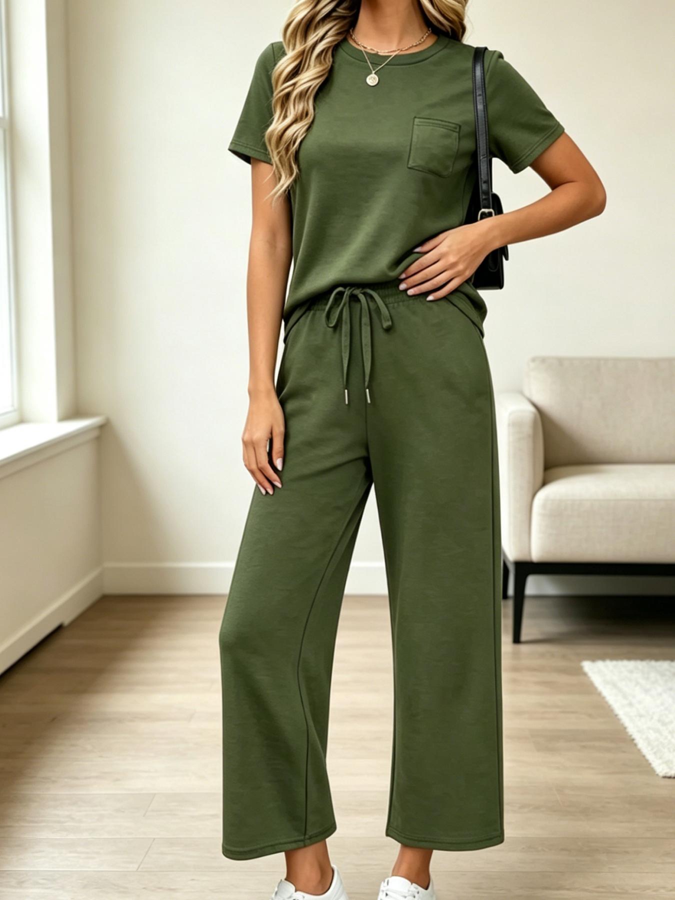 Women's Fashion Solid Color Casual Round Neck Pocket T-Shirt + Drawstring Wide Leg Pants Set Loose Fit Slimming Wide Leg Pants Two-Piece Set Suitable for Summer Commuting to Work Shopping Outings Indoor and Outdoor Wear