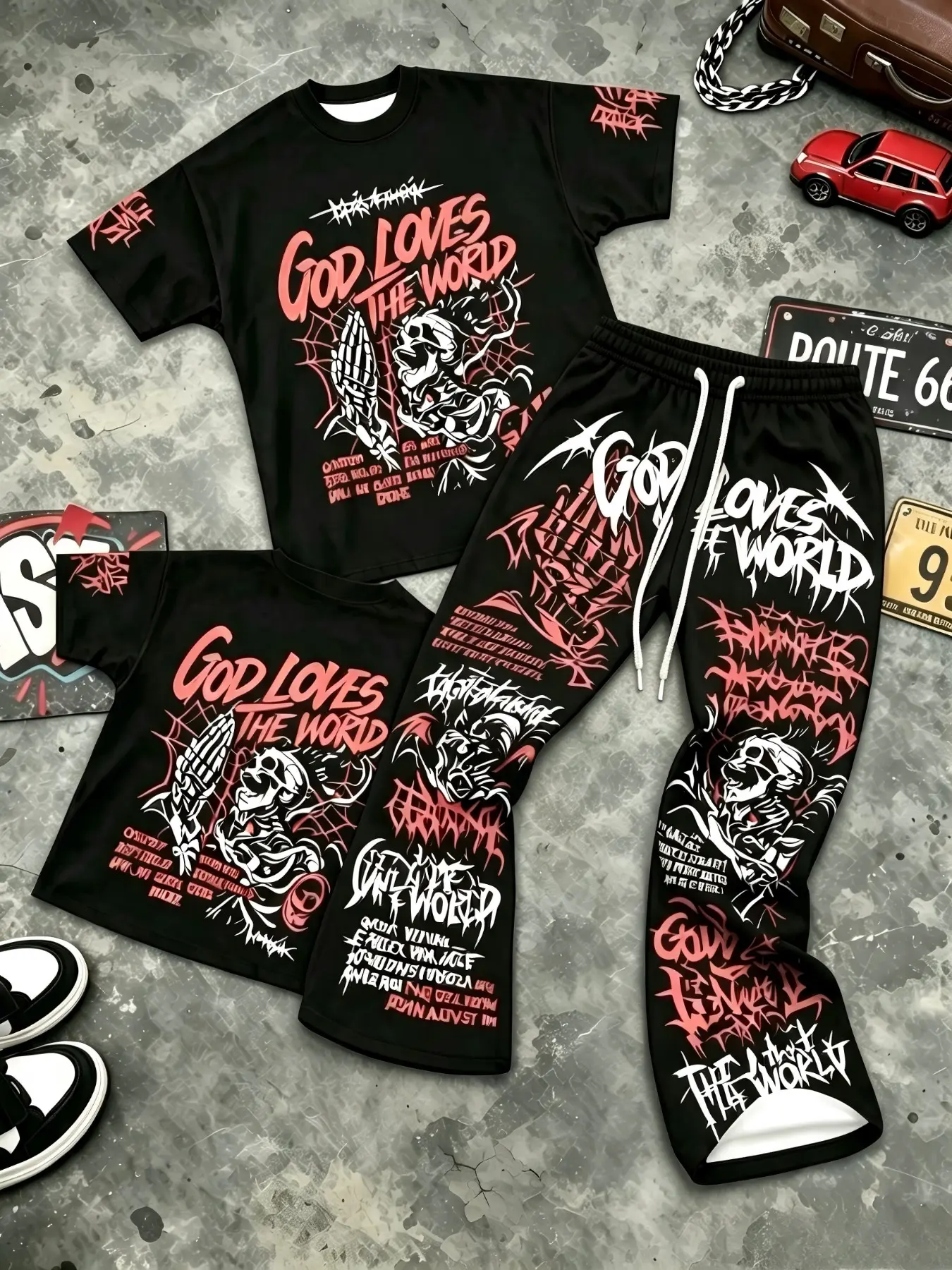 Horror Skeleton Web Gothic Letter Graphic Men 2 Piece Matching Outfit, Skin Friendly Breathable Short Sleeve Top, Elastic Waist Black Red Skull Curved Trousers, Holiday Skate Park Casual Suit, Trending Dark Hip Hop Adult Fashion