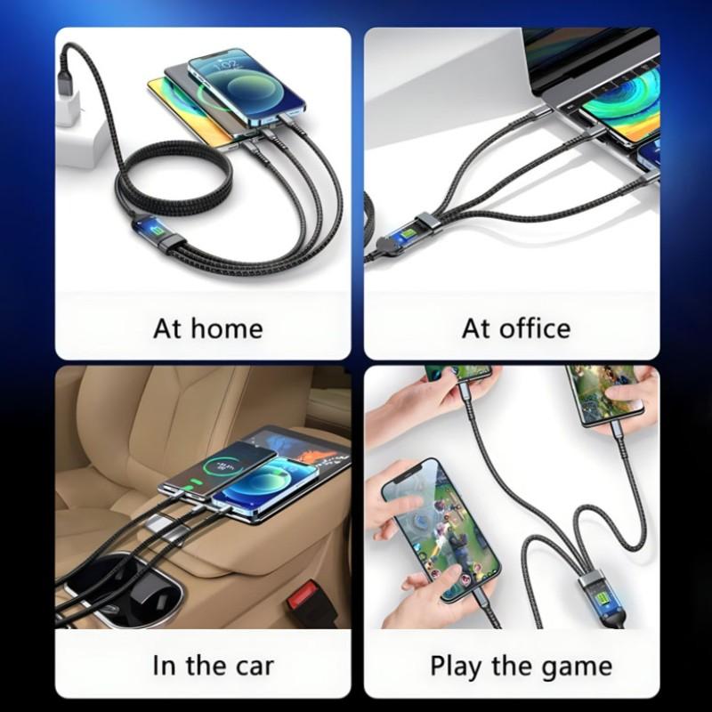 New 100w USB Type-C Super Fast Charging Cable, Compatible with iPhone Samsung Xiaomi Huawei, LED Light, Durable Design, 1.2m Triple Function Charger