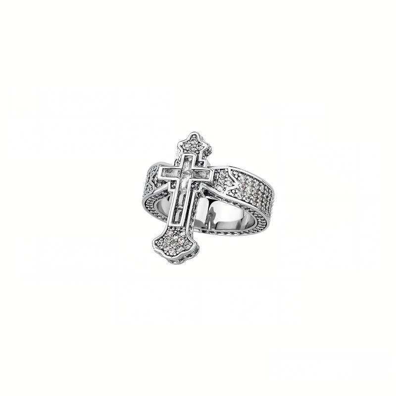 (CR004N) Vintage Crest Cross Ring 5A CZ Hand-Set Antique Finish Unisex Heritage Gift Statement Jewelry for Men & Women