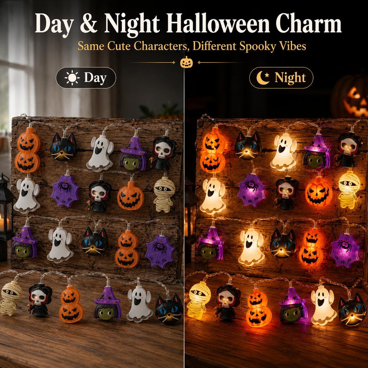 Seven Halloween light characters including pumpkin ghost witch cat mummy skull and spider web