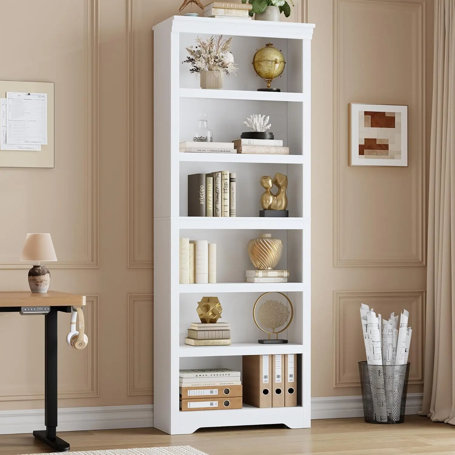 Farmhouse Bookshelf - 5/6 Tier  Open Bookcase with Adjustable Shelves, Anti-Slip, Home Office, Study, Living Room, Library, Balcony