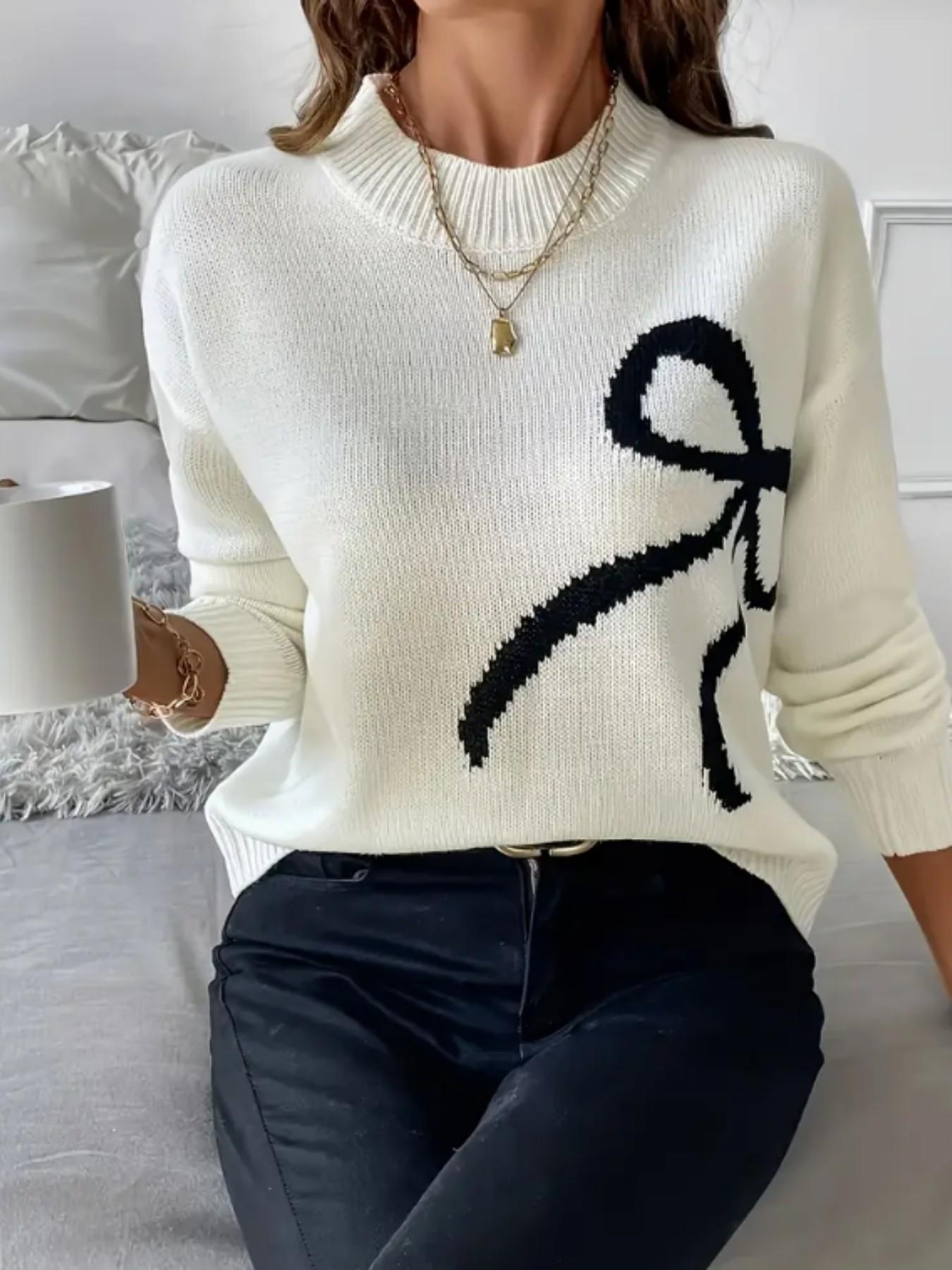 Women Bow Pattern Crew Neck Knit Sweater, Long Sleeve Loose Drop Shoulder Cropped Pullover, Coquette Aesthetic Fall Casual Tops