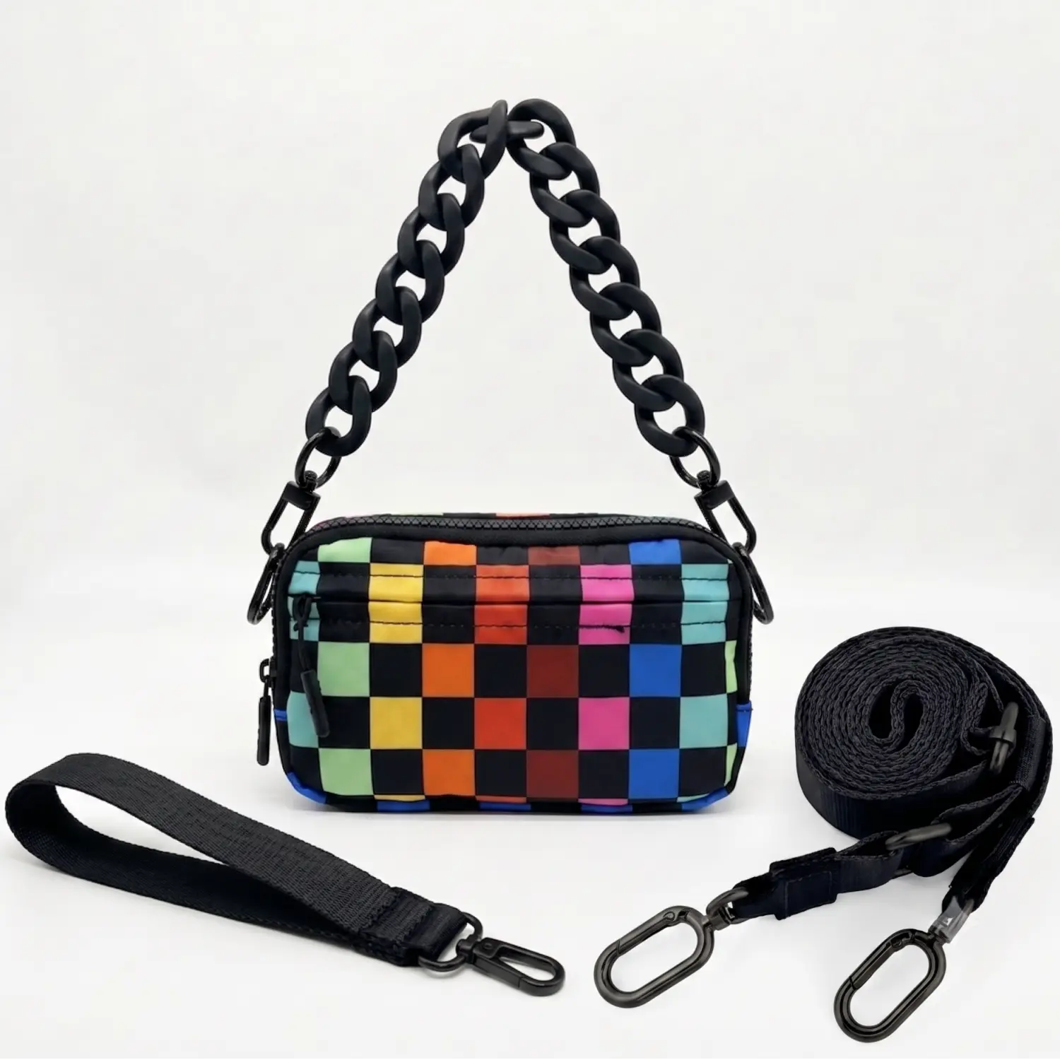 Chain +Mini Checkered Bag Wristlet Wallets For Women Small Nylon Crossbody Bags 4 Zippers, ID Window, Card Slots, Phone Organizer, Coin Holder For Daily Travel And Everyday Carry