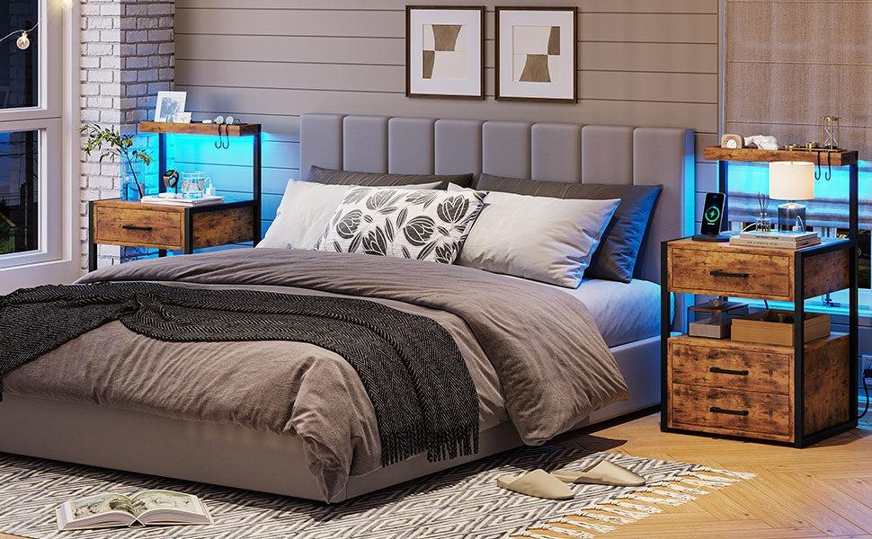 Sikaic LED Nightstand With Charging Station 2 USB Ports And 2 AC Outlets And 3 Drawers Open Storage
