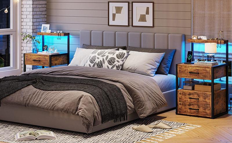 Sikaic LED Nightstand With Charging Station 2 USB Ports And 2 AC Outlets And 3 Drawers Open Storage