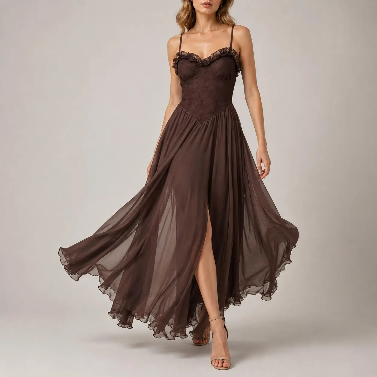 Women’s Vintage Lace Maxi Dress V Neck Spaghetti Strap Sleeveless High Waist Flowy Long Dress Romantic Boho Evening Party Wedding Guest Vacation Dress