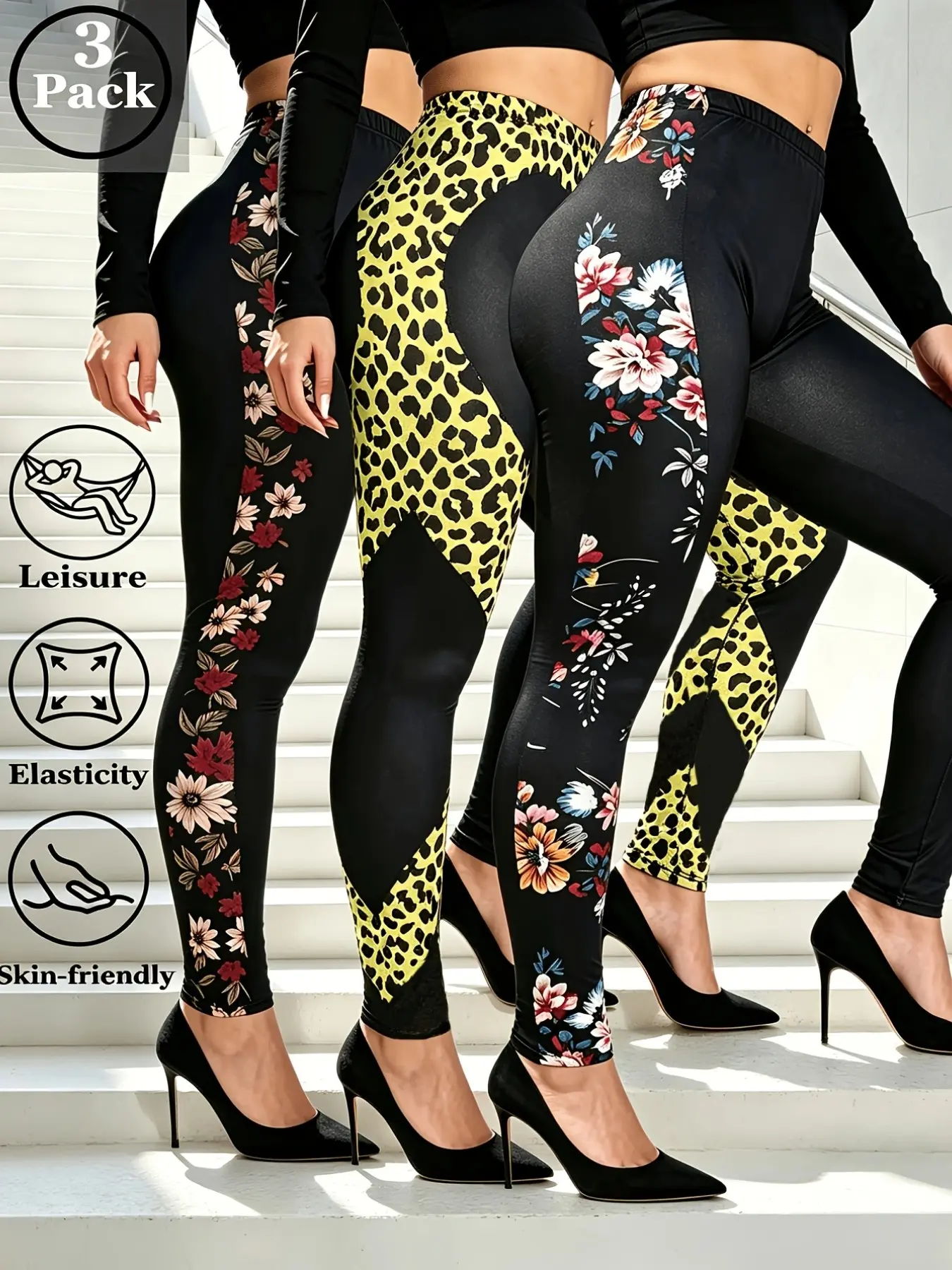 3 Pack Spring Autumn Fashion Women High Elastic Side Peony Floral Print Leggings Leopard Love Shape Patchwork Pattern Cropped Pants Stretch Soft Breathable Fabric Workout Tights Street Outdoor Vacation Home Casual Everyday Wear Trousers