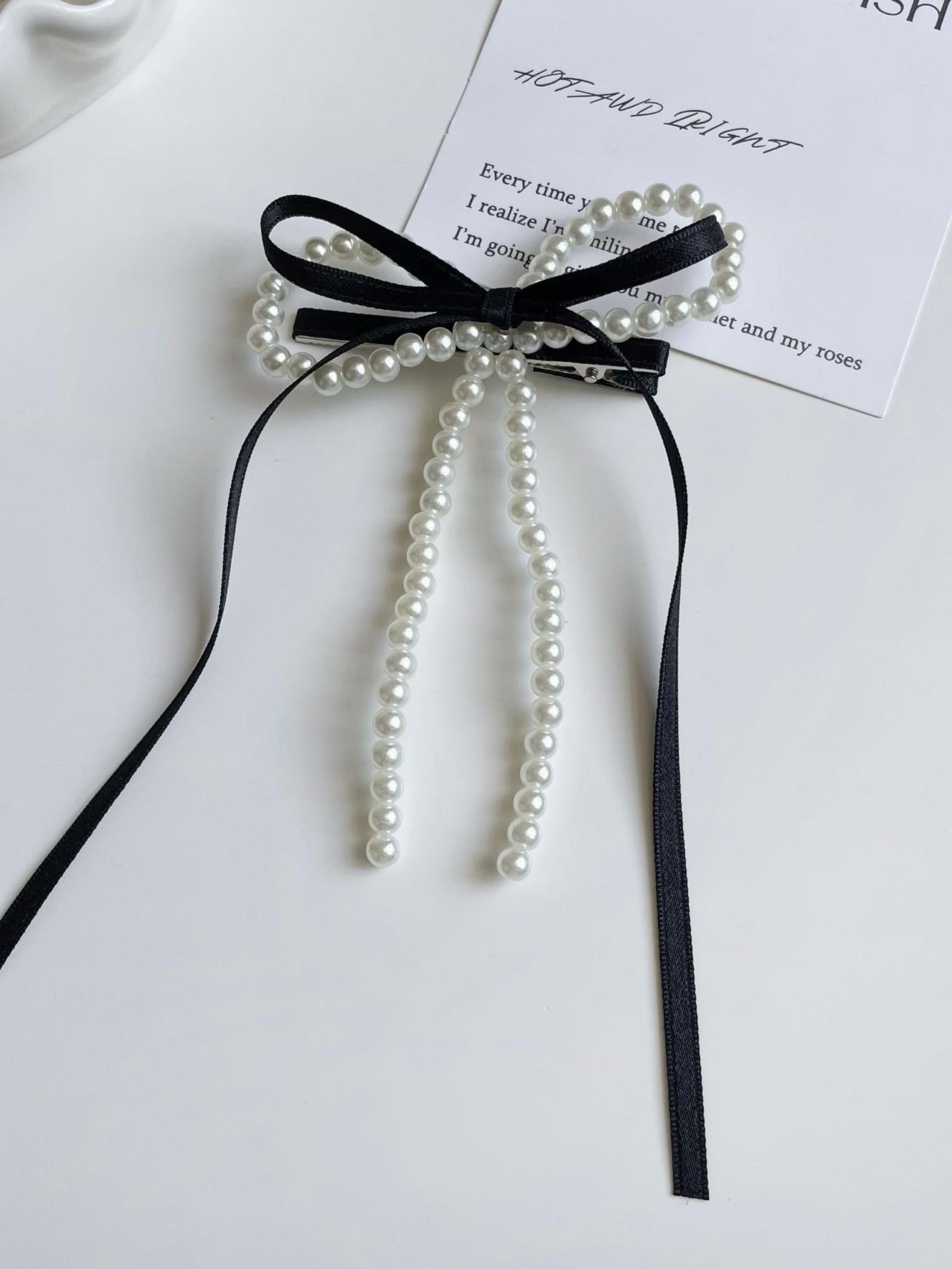 Sweet Forest Style Bow Ribbon Hair Clip, Imitation Pearl Edge, Girl Heart Side Clip, Elegant and Cute New Design Hair Accessory