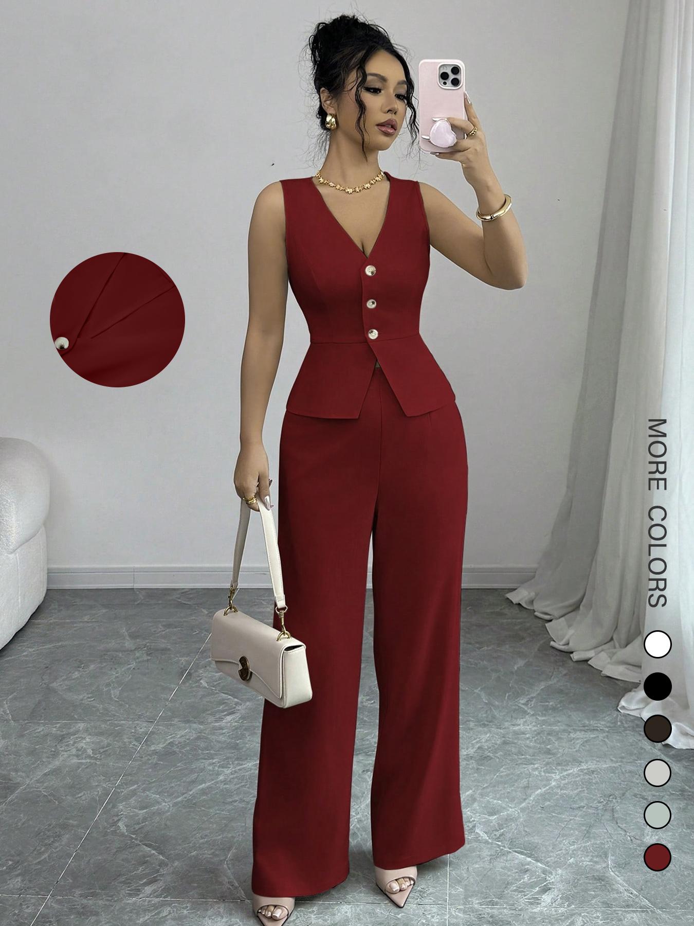 Elegant Women's V Neck Sleeveless Bodycon Vest & High Waist Pants Set, Spring Summer Fashion Two-Piece, Slim Fit Casual Wear
