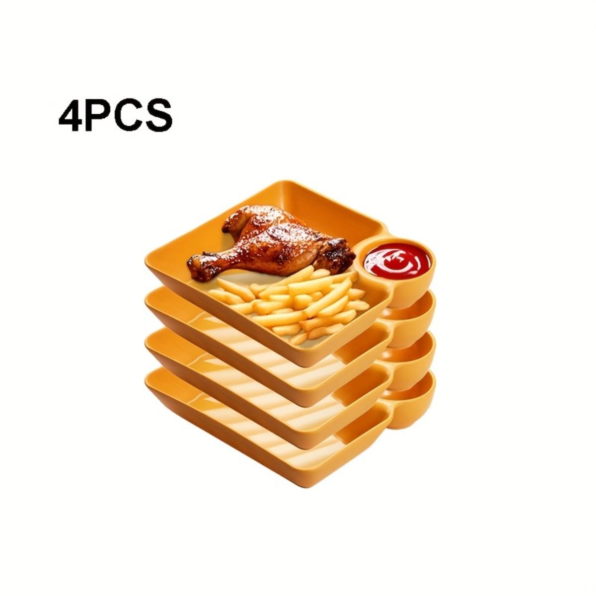 4PCS Multi-Purpose Divided Serving Plate Set, Plastic Snack Trays with Separate Dip Sauce Section, Perfect for Appetizers, Fried Chicken, Fries, Sushi, Dumplings and Desserts, Crack-Resistant, Microwave and Dishwasher Safe, Kitchen Restaurant Dorm