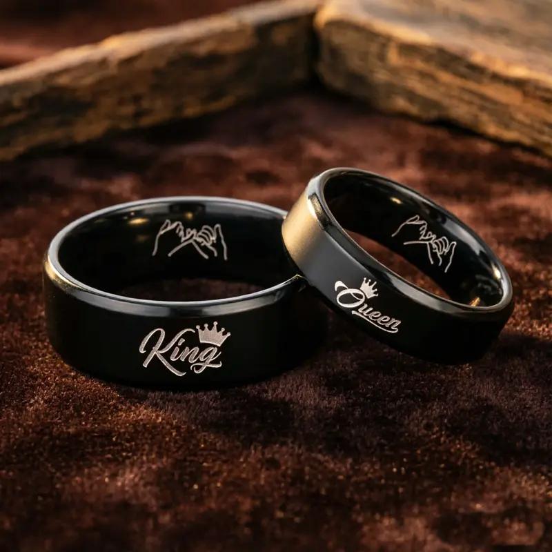 Unisex King-Queen Matching Sets, Black Titanium Engraved Text Rings, Durable Elegant Custom Jewelry Gift for Wedding Anniversary Lovers