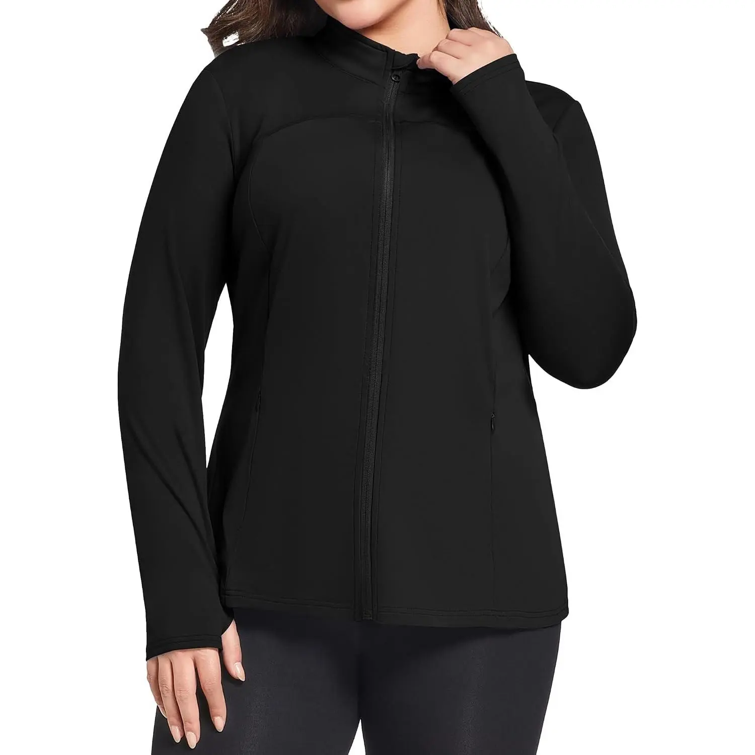 Women's Plus Size Full-Zip Athletic Jacket - Long Sleeves, Lightweight Polyester Blend, Streamlined Fit, Thumb Holes, All Year Round for Workout Running Yoga