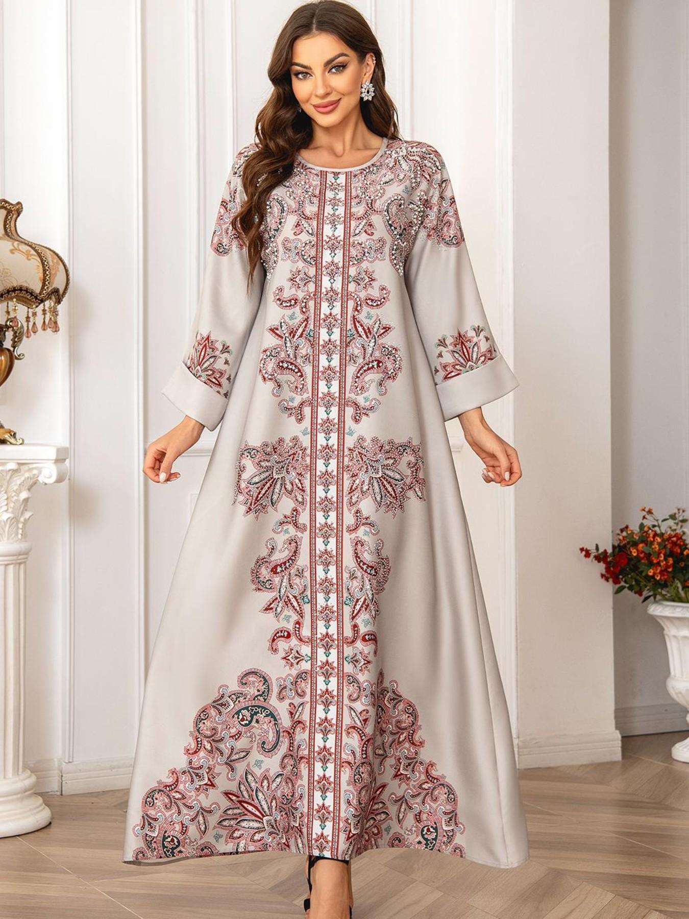 Elegant Muslim Women's Kaftan Dress, Round Neck High Density Rhinestone Beaded Print, Cross-Border Long Robe, Stylish Evening Wear