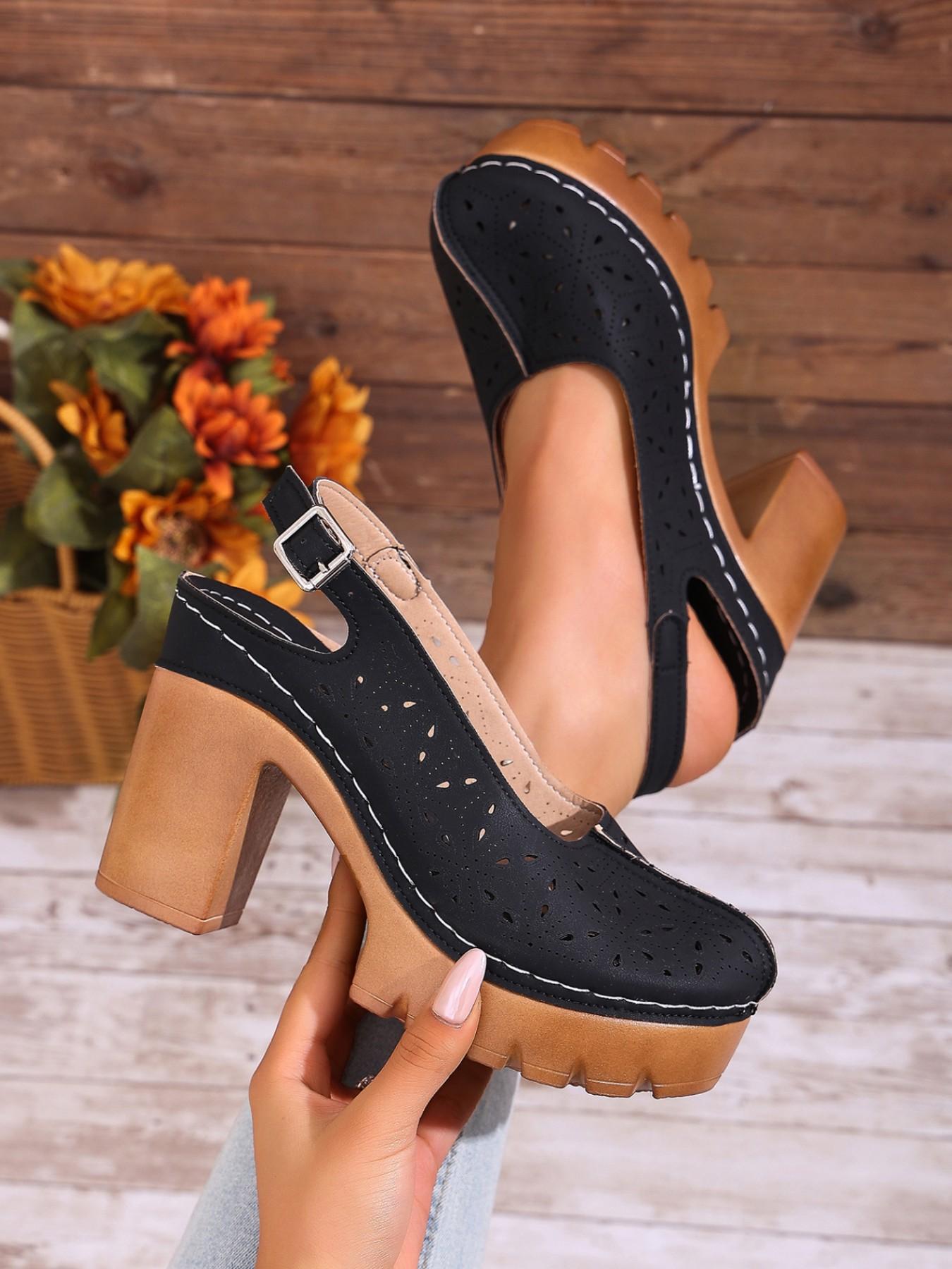 2026 Summer New Retro Thick Heel Sandals for Women, Hollow Out Floral Design, Waterproof Platform High Heels, Versatile Outdoor Wear