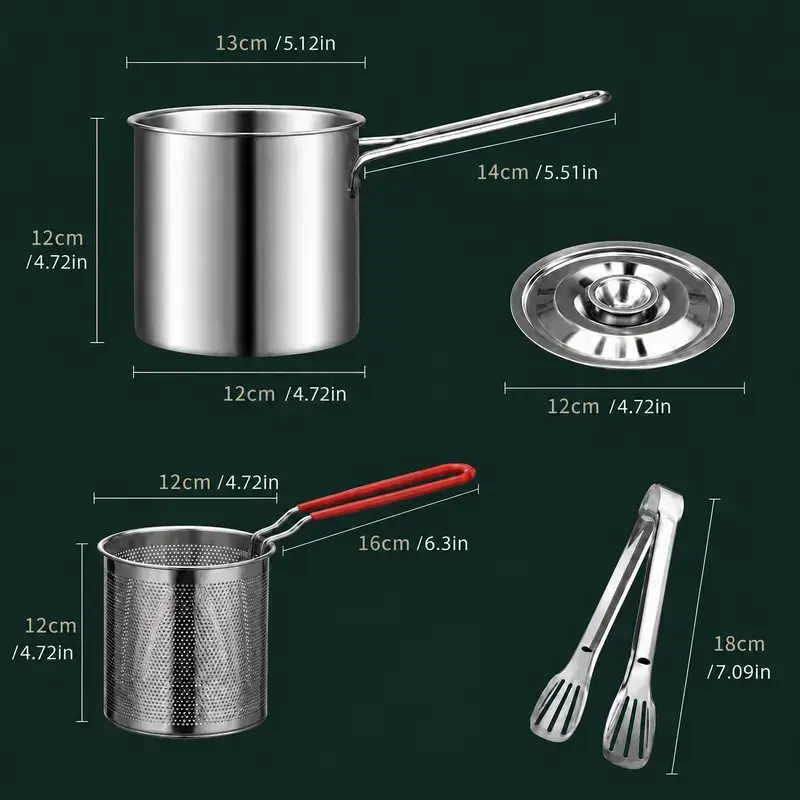Stainless Steel Mini Deep Fryer Pot Set, 5.12 x 4.72 Inch Small Frying Pot with Filter Basket & Food Clip, Portable Single Serving Cookware for Home Kitchen, Fries, Chicken Wings & Snacks