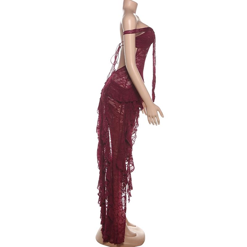 DOUCIU Party Sexy Mature Beautiful Individual Women'S Thin See Though Solid Color Lace One-Shoulder Long Bevel Hem Dress Ball Gown