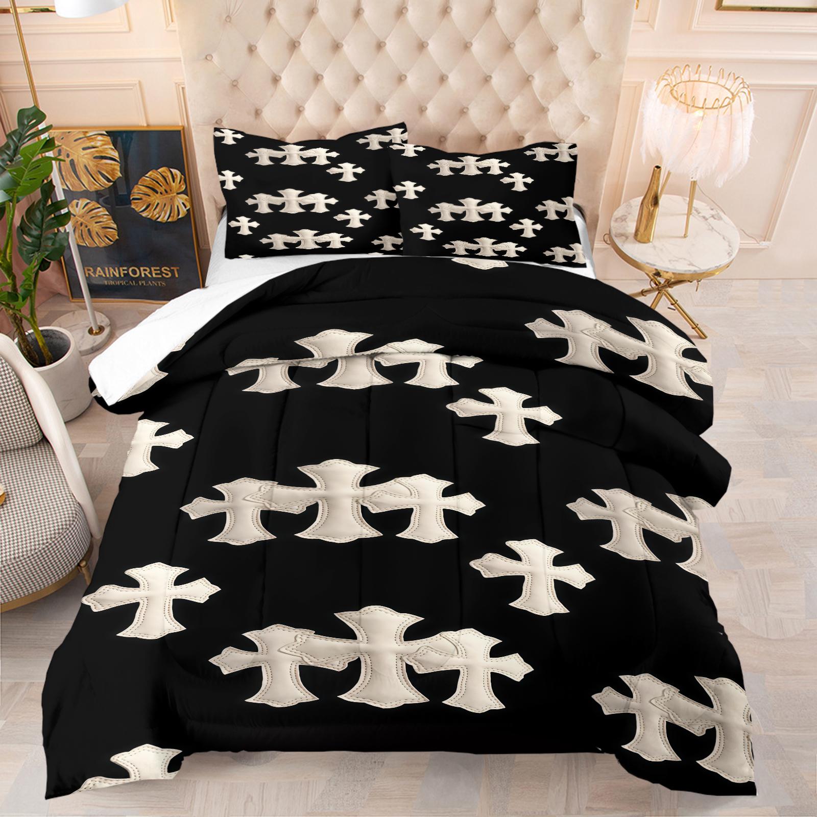 Gothic Cross Pattern Comforter Set, Soft And Durable Bedding Set, Including 1 Comforter And 1 Or 2 Pillowcases, Suitable For Daily Holiday Birthday Gifts And Bedroom Decorations For Children And Adults
