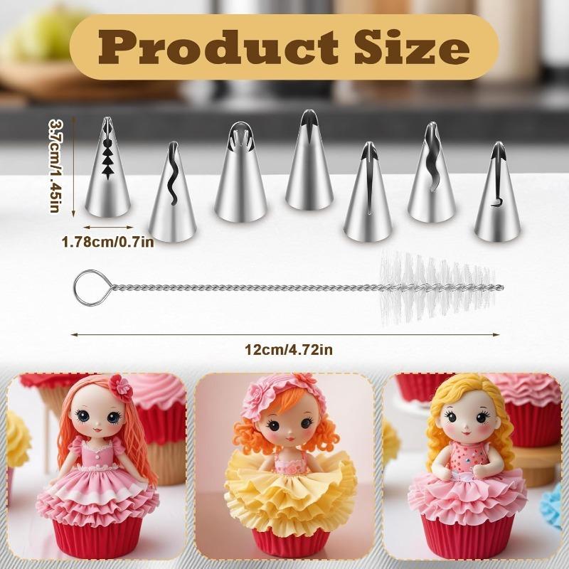 8PCS Pleated Skirt Piping Tips Set, Stainless Steel Cake Decorating Tips Nozzle Piping Set Frosting Icing Tips with Cleaning Brush for Pastry Fondant Cupcakes Cake Decorating