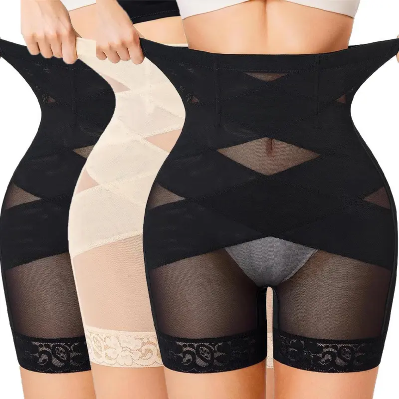 Women's High-Waist Basic Style Lace Shapewear Shorts - Tummy Control, Body Slimming, Butt Lifting, Body-Fit Leg Shaping, Belly Hiding Thigh Sculpting Panties for Everyday Elegance & Casual Wear, Solid