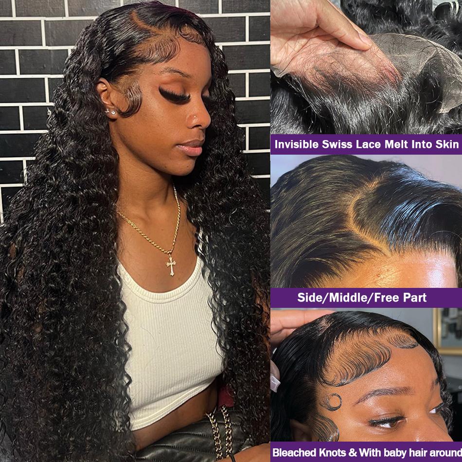 Bling Hair 13X4 13X6 Water Wave Lace Front Wig Human Hair Deep Wave Frontal Wigs for Women Brazilian Real Human Hair PrePlucked Natural Black Remy Hair 180% Density 4x4 Closure Wig