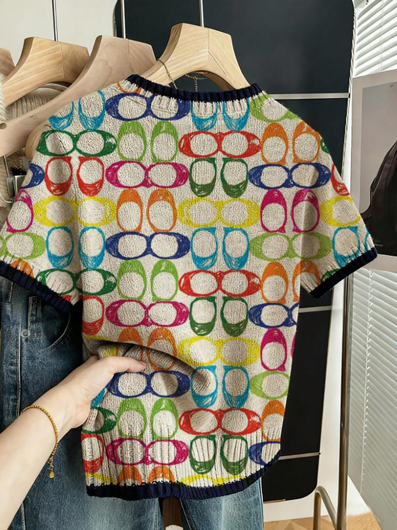 Women's Animal Print Short Sleeve Sweater Knitwear, Casual Fitted Knit Top for Spring & Fall, Comfortable Warm Clothing for Daily Wear